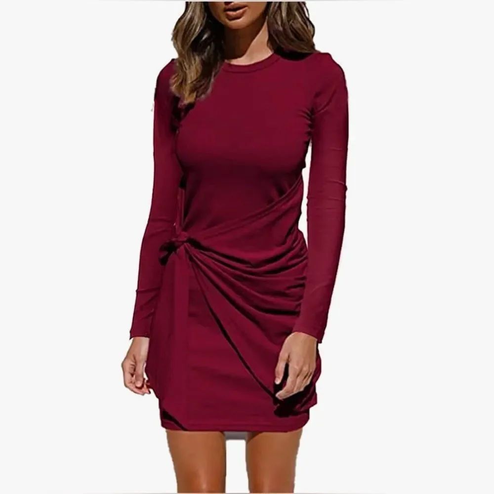 NWOT Women's Casual Long Sleeve Soft Stretchy Dress Crewneck Ruched Tie Waist
